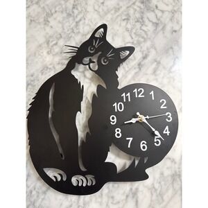 Black Metal Curious Cat Silhouette Wall Clock Whimsical Feline Home Decor Analog